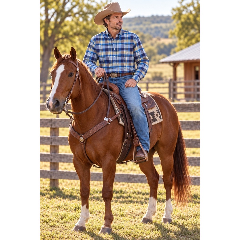 Men's CINCH Western Rodeo Blue Plaid L/S Shirt Size LARGE - cowboy rodeo work